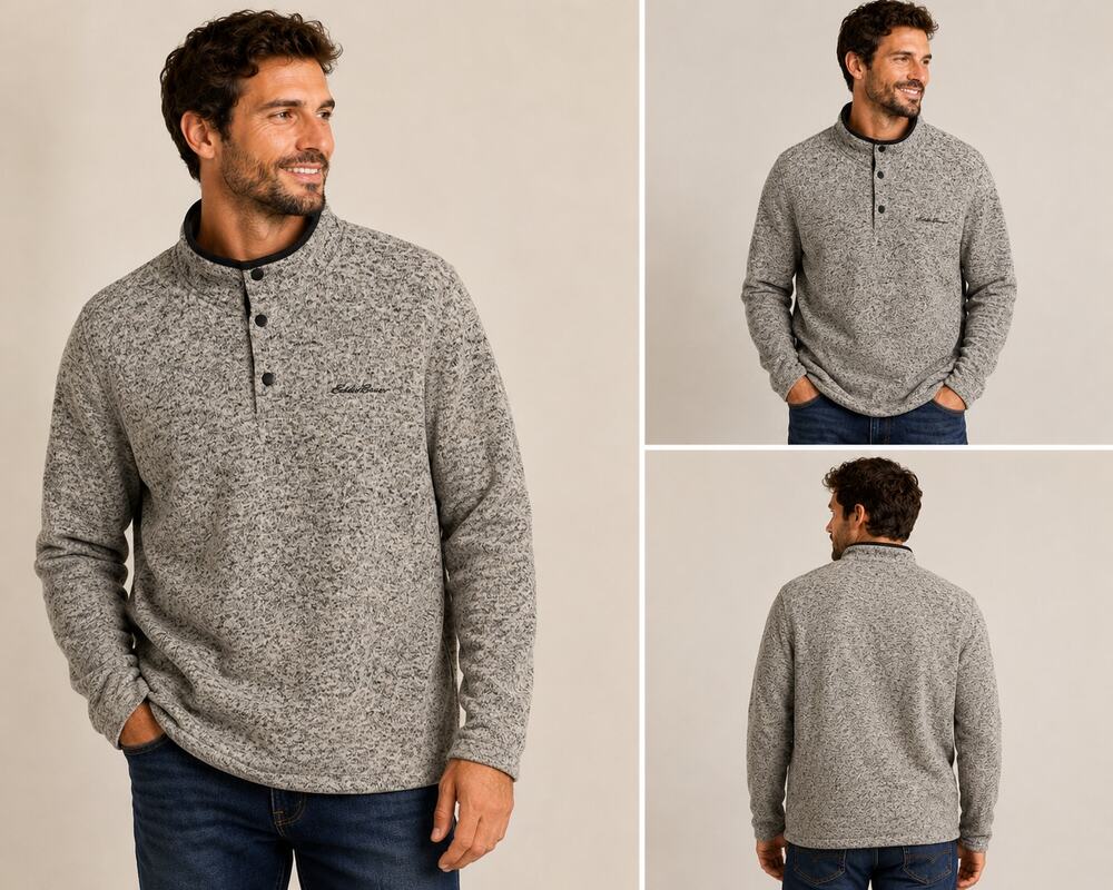 Eddie Bauer Men's XL Snap Neck Pullover Fleece Sweater Gray Heather Quarter Snap